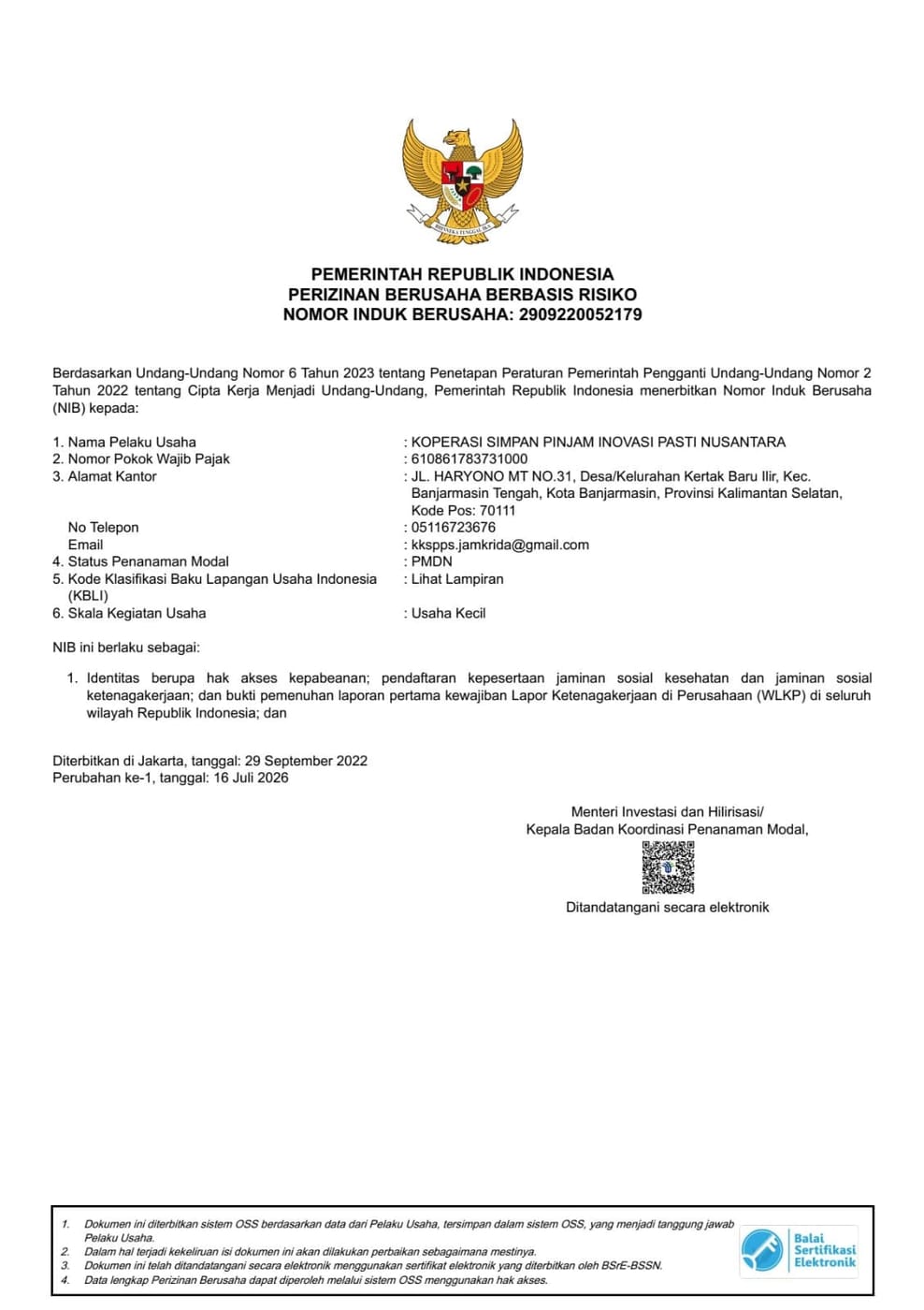 Nomor Induk Berusaha (NIB) — Izin Usaha Koperasi KSPP Syariah Intira